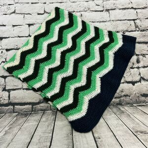 Handmade Afghan Chevron Green White Blue St. Patricks Rectangle Crochet